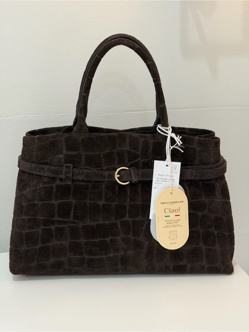Castellani Bag Structured Croc-Embossed Suede Top-Handle Tote in Dark Brown NEW